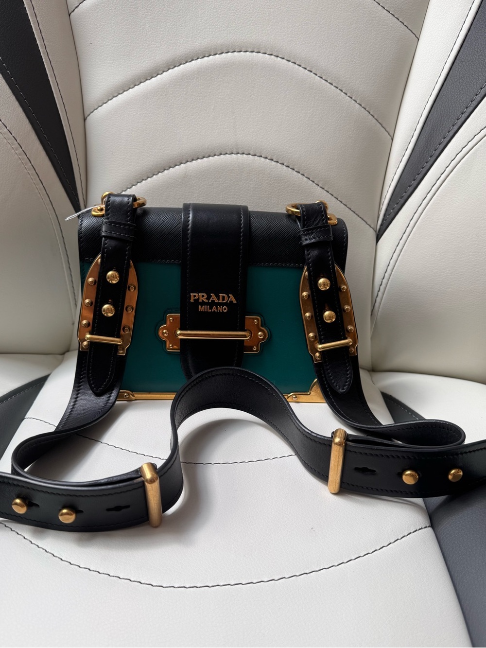 Prada Black & Teal Saffiano Leather Crossbody Bag with Gold Hardware